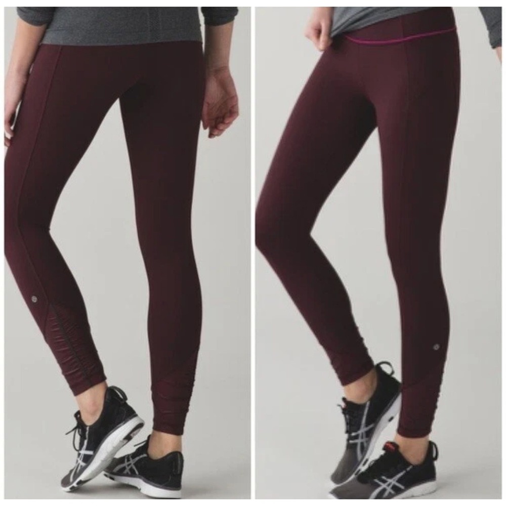 Lululemon Pace Queen Tight Size 8 Bordeaux Plum Pink Piping Running Leggings 25"